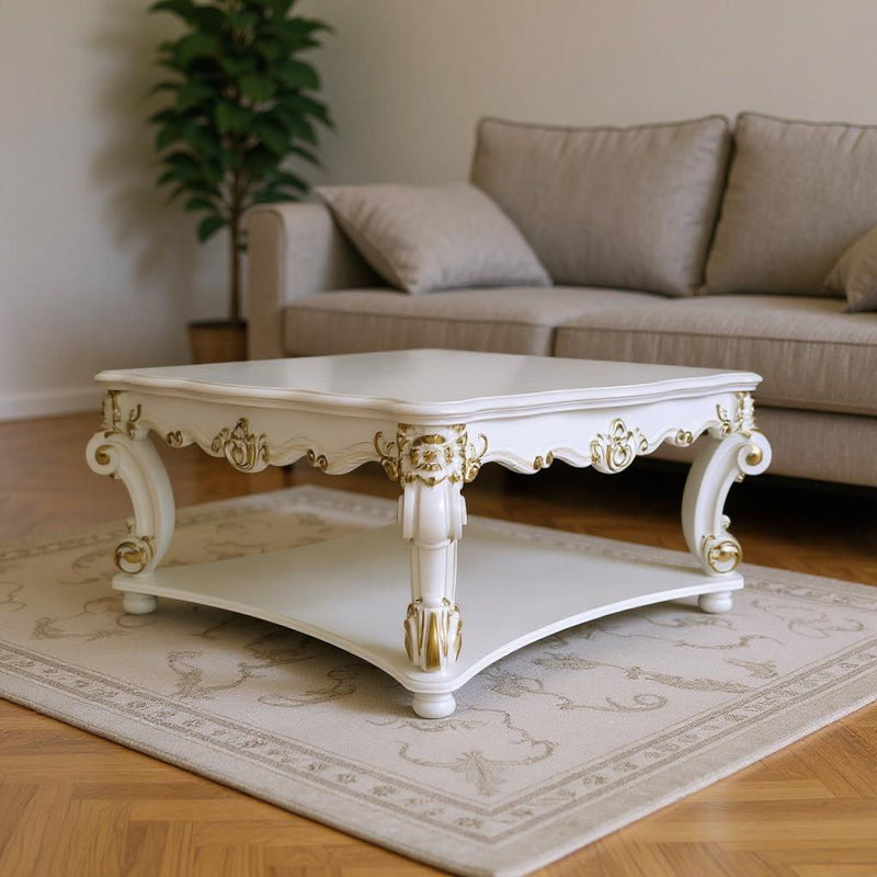 58" Wood Square Coffee Table With Shelf - Gold And Ivory
