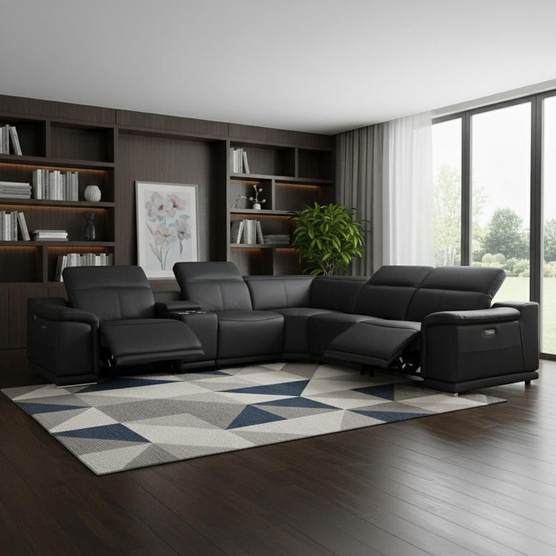Italian Leather Power Reclining U Shaped Six Piece Corner Sectional With Console - Black