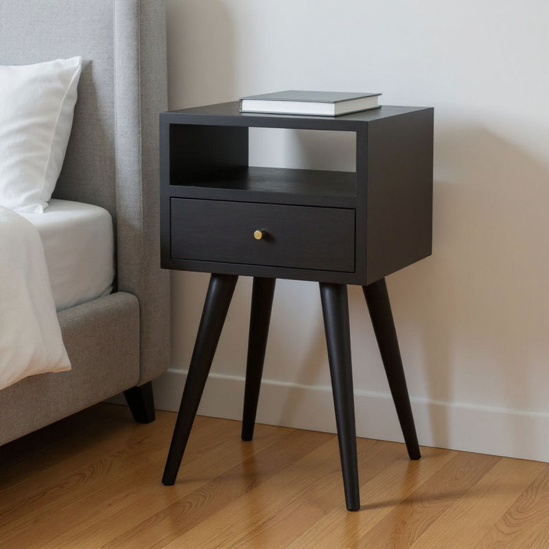 22" Solid Wood Square One Drawer Nightstand - Black