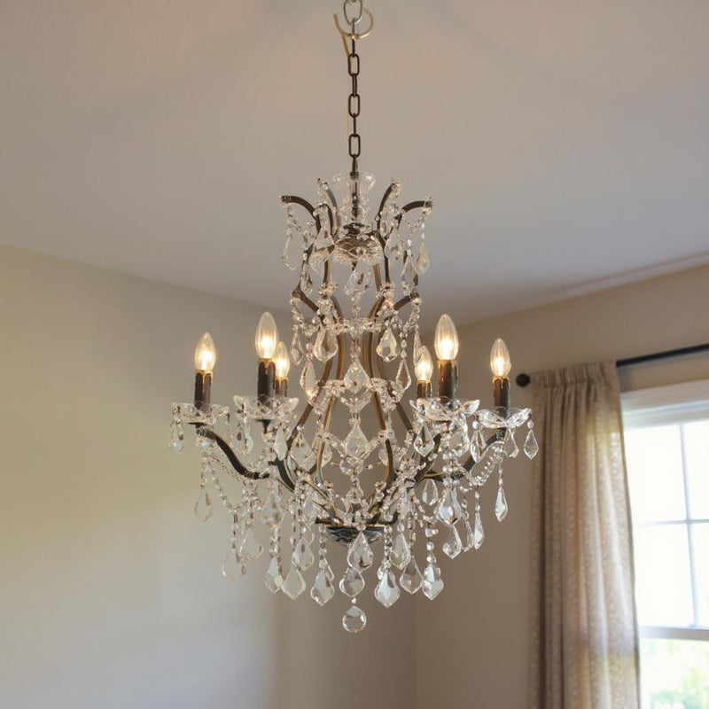 Candle Style Six Light Metal Crystal Glass Chandelier - Black