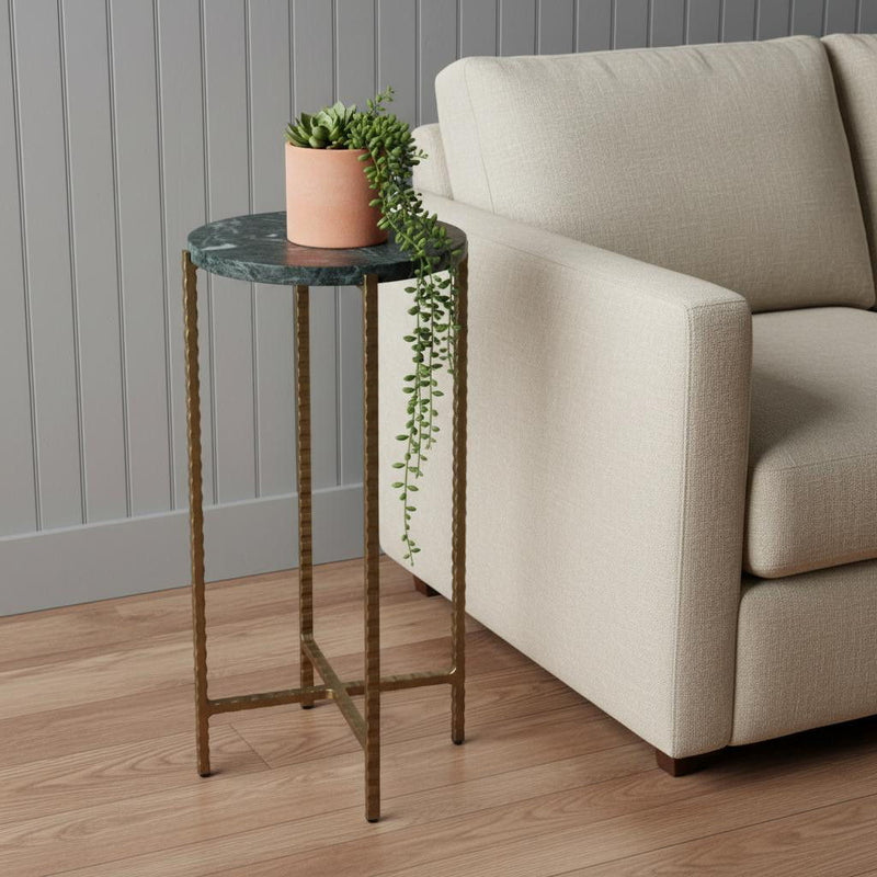 21" Marble And Iron Round End Table - Green And Gold