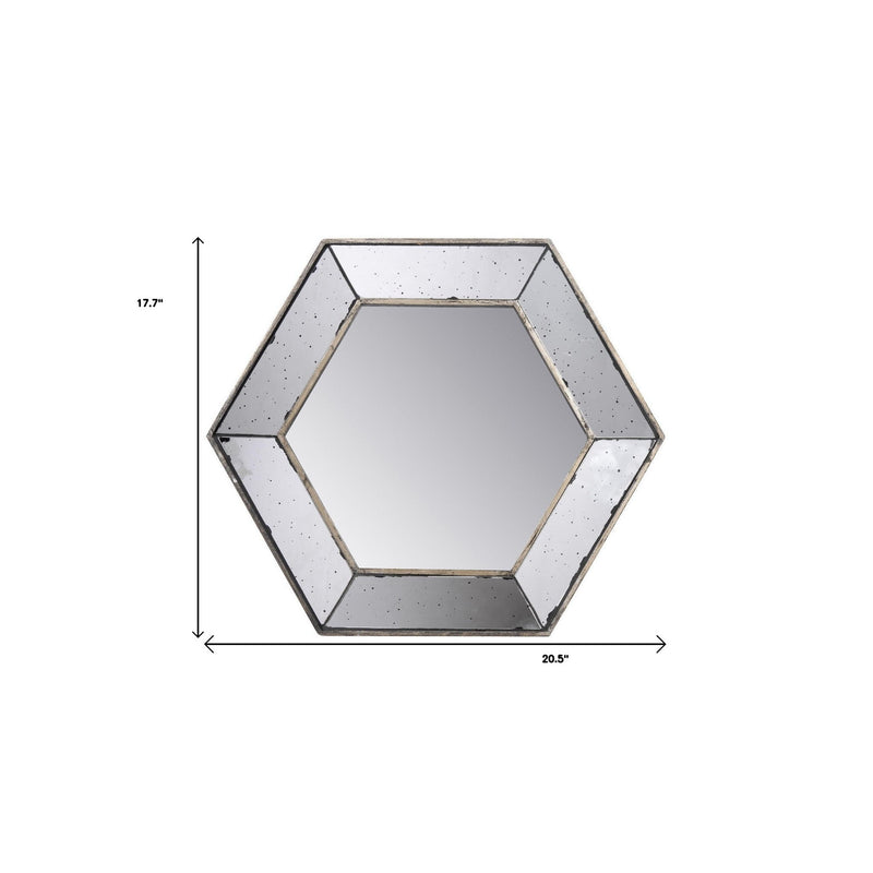 18" Hexagon Wall Mounted Vintage Style Glass Frame Accent Mirror - Silver