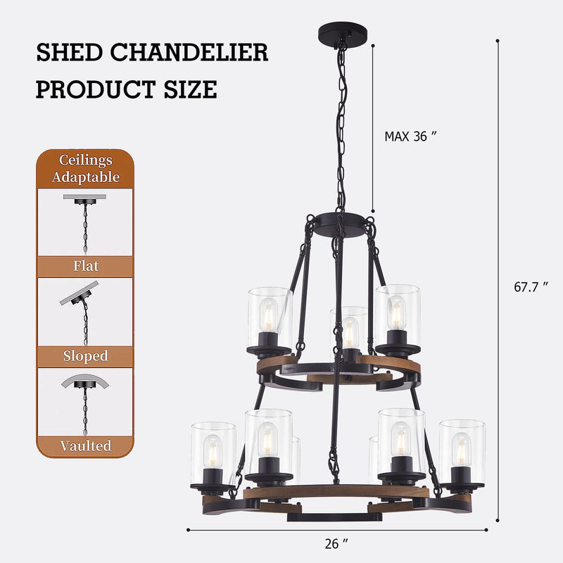 Wagon Wheel Chandelier, Ceiling Light With Adjustable Height - Black / Brown