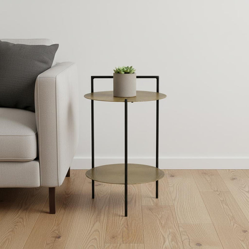 22" Iron Round End Table With Shelf - Brass