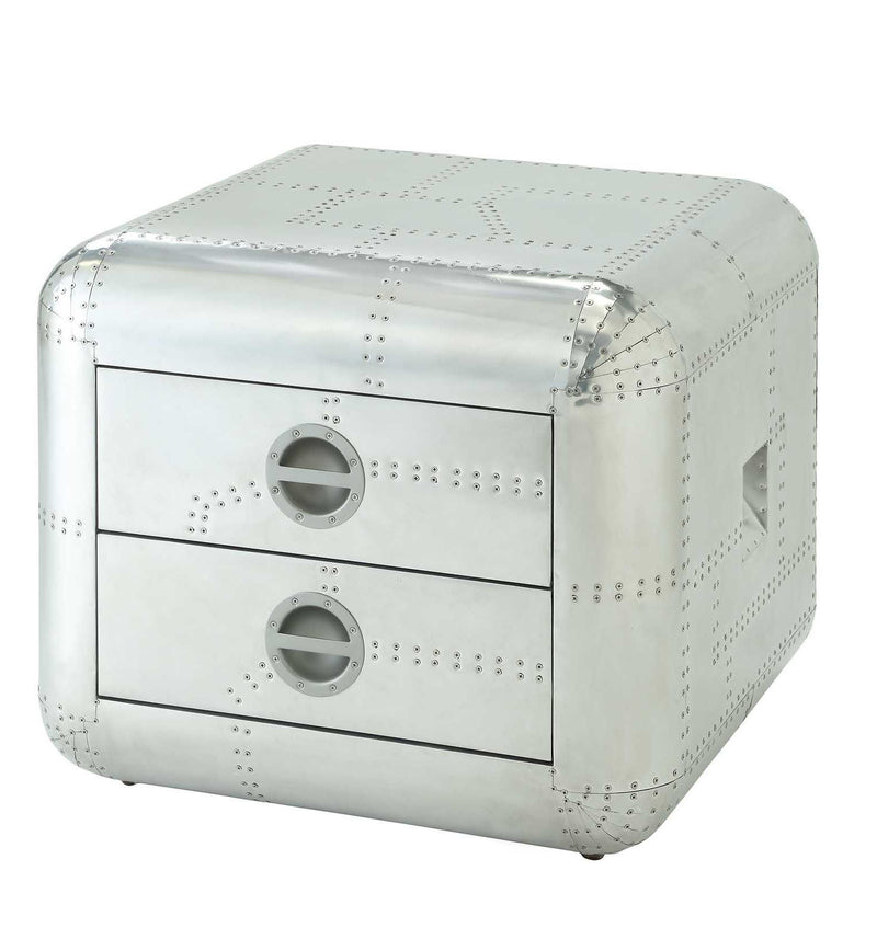 Aluminum Aviator Trunk Style Square End Table With Two Drawers - Silver
