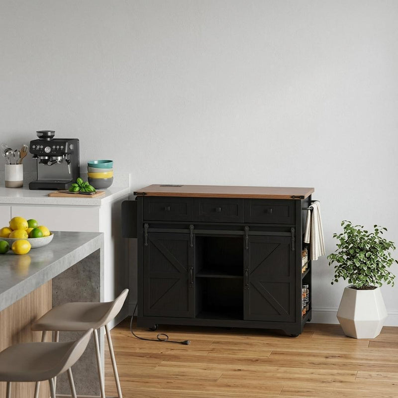 Brown And Wood Flat Door Rolling Kitchen Cart With Storage With USB (755917) - Black