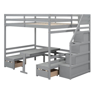 Full over Full Size Bunk with staircase,the Down Bed can be Convertible to Seats and Table Set,Gray