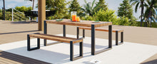 Load image into Gallery viewer, 3 Pieces Outdoor Dining Table With 2 Benches, Patio Dining Set With Unique Top Texture, Acacia Wood Top &amp; Steel Frame, All Weather Use, For Outdoor &amp; Indoor - Natural
