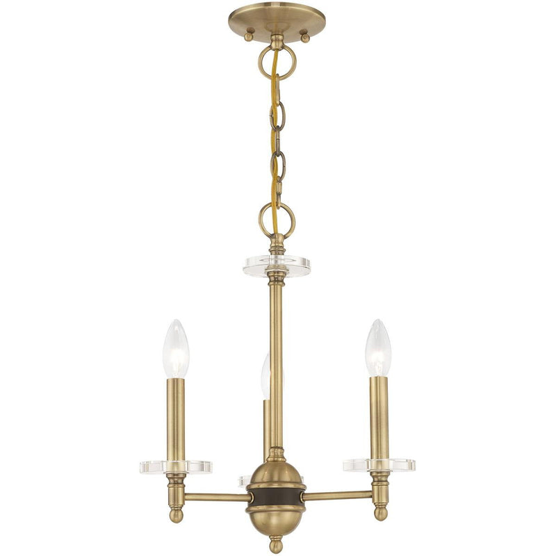 Three Light Metal Dimmable Chandelier With Shades - Antiqued Brass / Clear