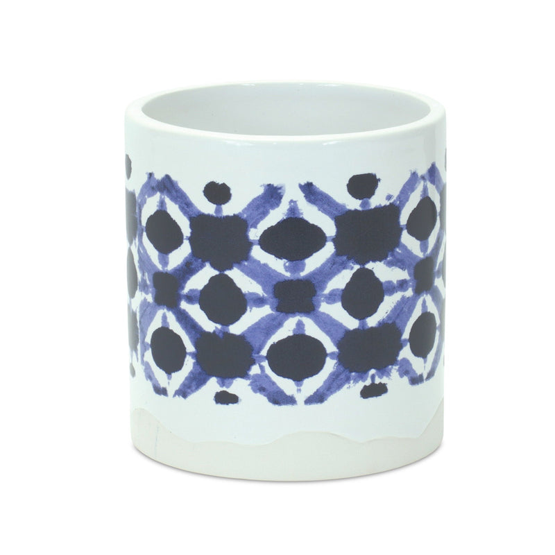 Geometric Round Pot Planters (Set of 2) - White / Blue