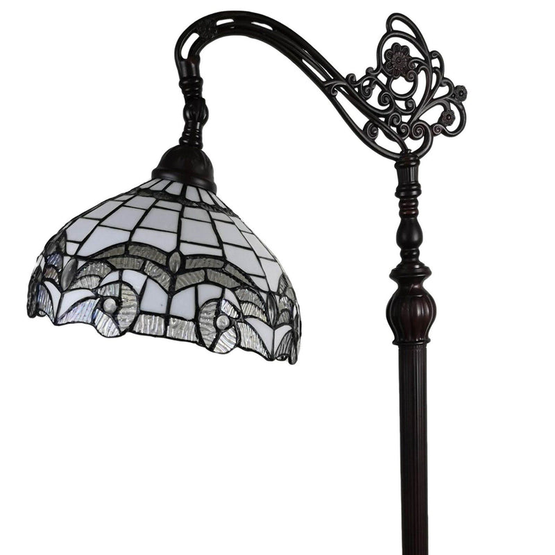 Metal Arched Floor Lamp With White Geometric Stained Glass Shade - Brown