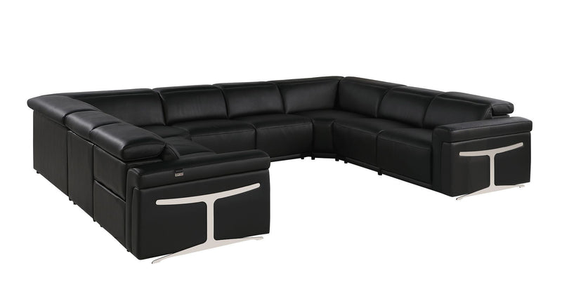 Italian Leather Power Reclining U Shaped Eight Piece Corner Sectional With Console - Black