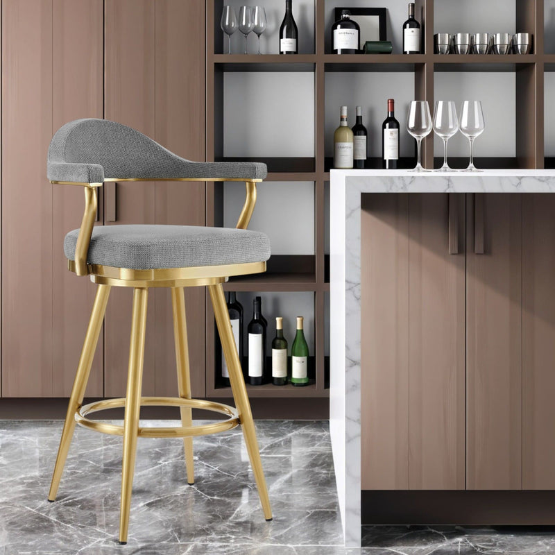 30" Fabric And Stainless Steel Low Back Height Swivel Bar Chair - Gray And Gold