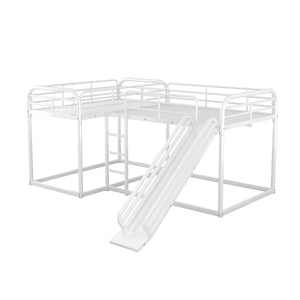 Full and Twin Size L-Shaped Bunk Bed with Slide and Short Ladder, White