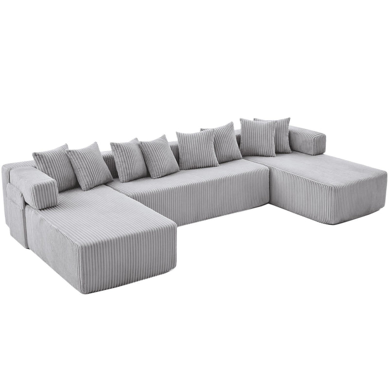 Corduroy Modular U Shaped Three Piece Corner Sectional With Console And Toss Pillows - Light Gray
