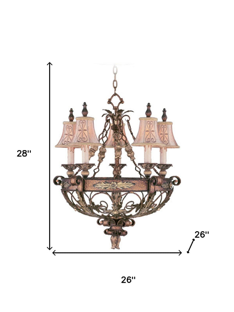 Five Light Metal Dimmable Chandelier With Shades - Bronze / Cream