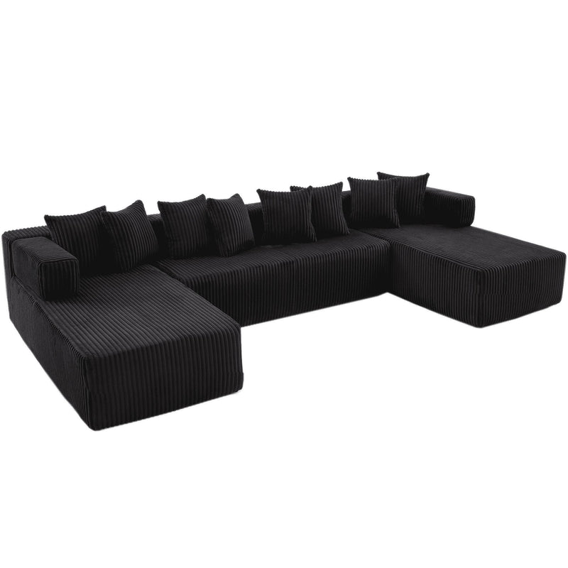 Corduroy Modular U Shaped Three Piece Corner Sectional With Console And Toss Pillows (762804) - Black