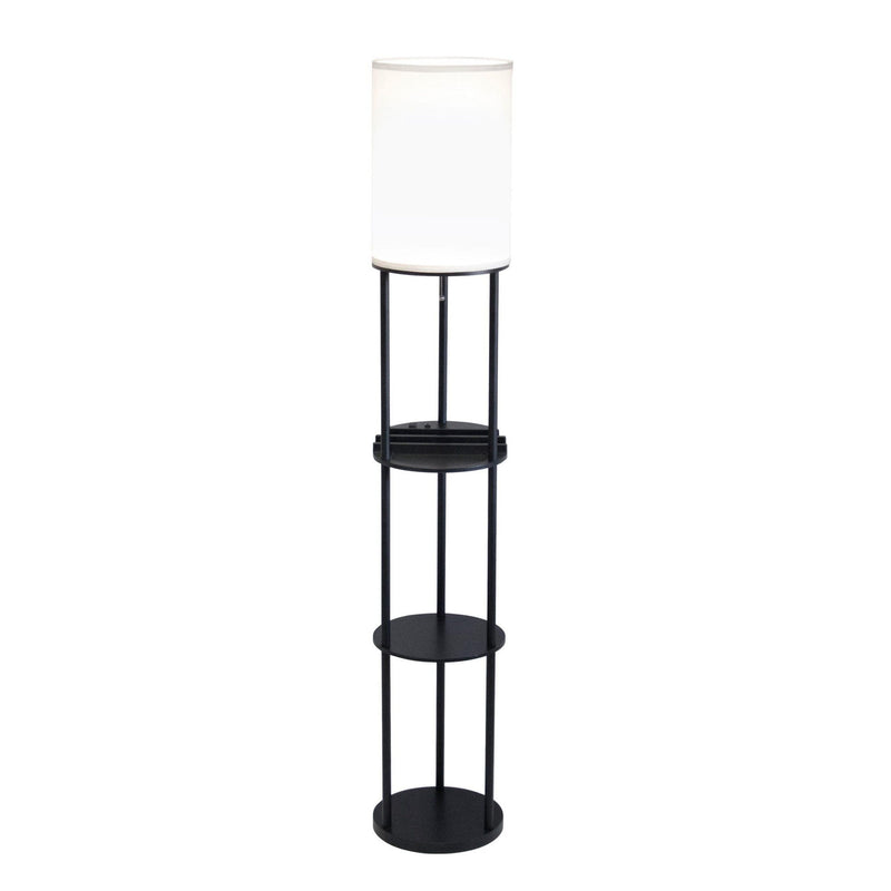 Wood Floor Lamp With Circular USB Charging Station Shelf - Black