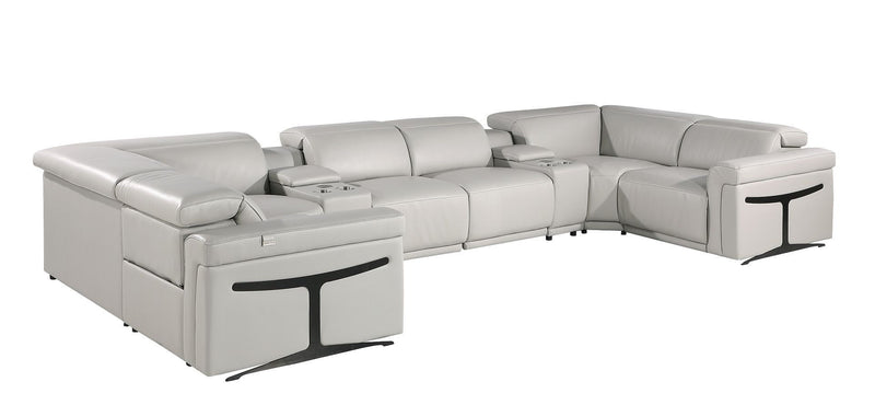 Leather Power Reclining U Shaped Eight Piece Corner Sectional With Console - Light Gray
