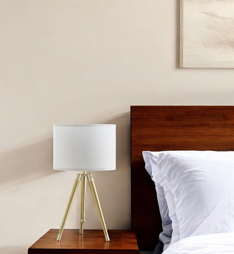 Metal Adjustable Height Tripod Table Lamp With White Drum Shade - Gold