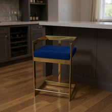 Load image into Gallery viewer, 30" Metal And Velvet Low Back Bar Height Bar Chair - Blue / Gold
