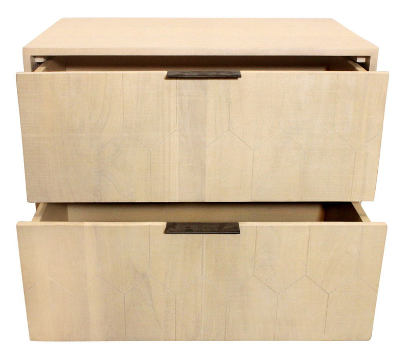 28" Solid Wood Distressed Carved Geometric Two Drawer Nightstand - Natural