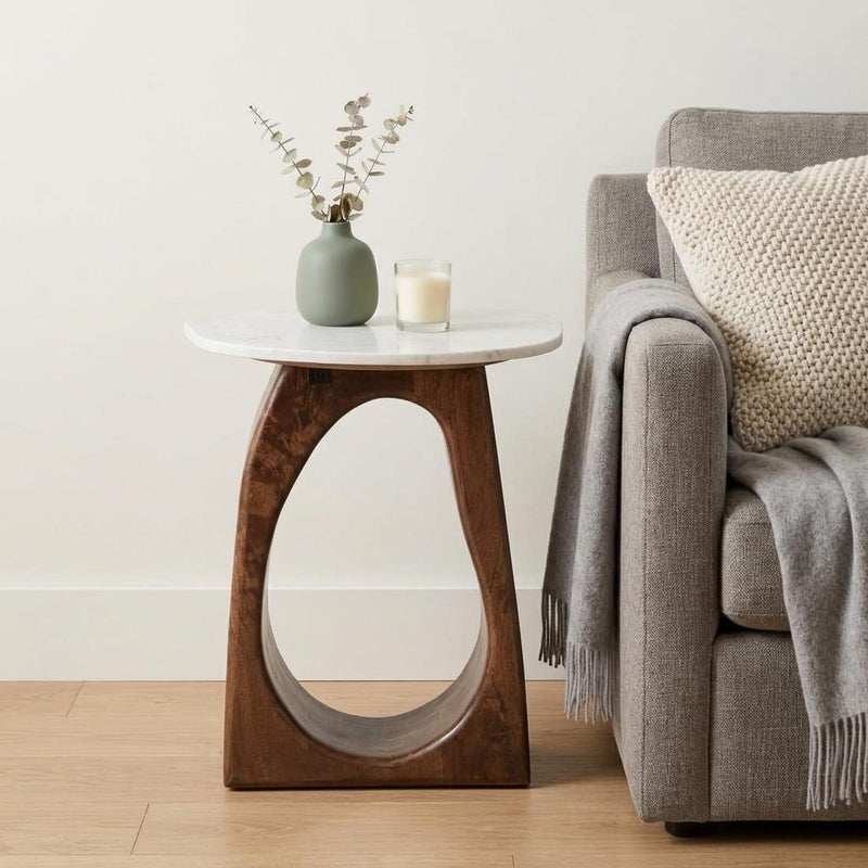 Marble And Solid Wood Free Form End Table - White And Walnut
