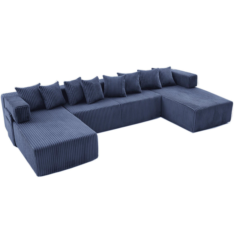 Corduroy Modular U Shaped Three Piece Corner Sectional With Console And Toss Pillows (762857) - Blue