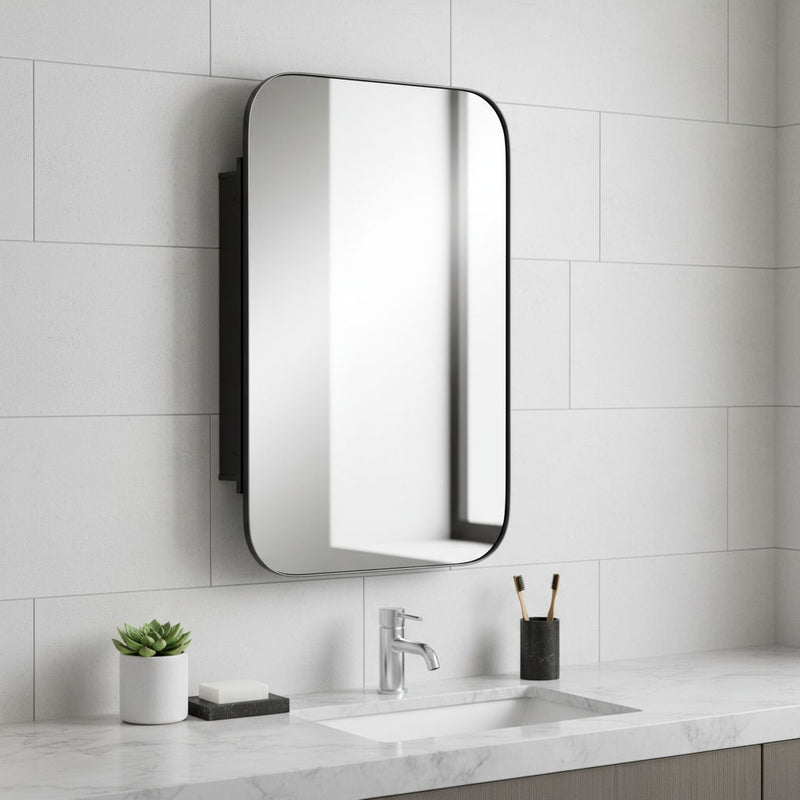 Metal Framed Bathroom Vanity Mirror With Cabinet - Black