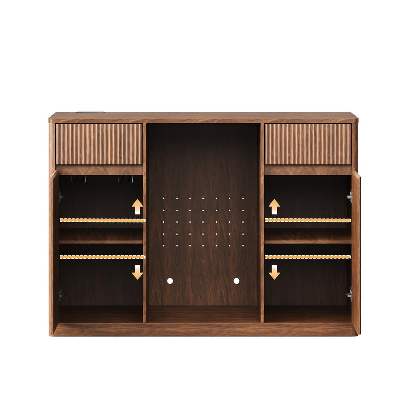 Wood Ribbed Textured Bar Cabinet With Mini Fridge Compartment And USB - Walnut