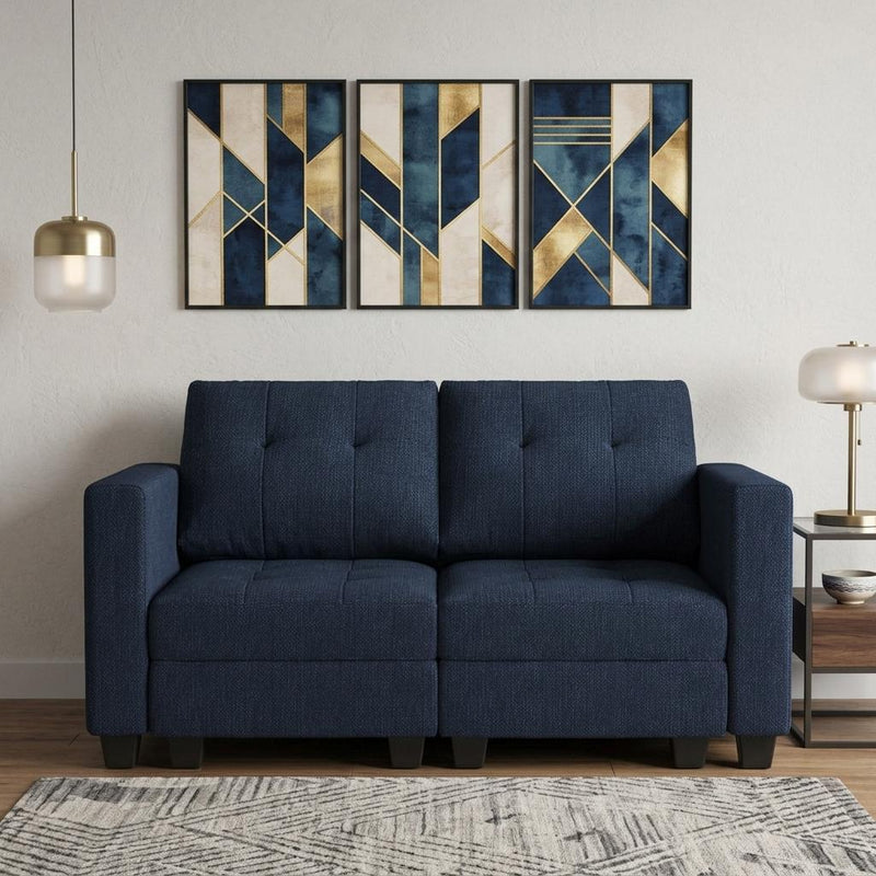 And Black Linen Blend Modular Loveseat With Storage And Toss Pillows - Blue