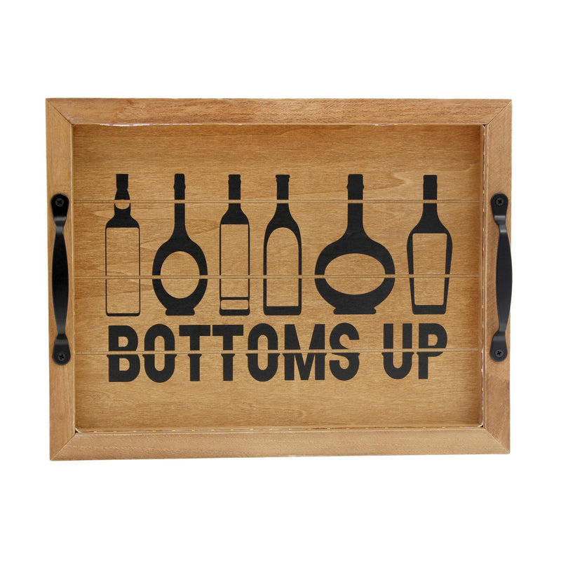 Wood Bottoms Up Wine Serving Tray With Handles And Led Lights - Natural And Black
