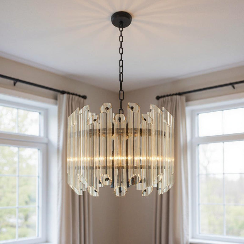 Unique Statement Five Light Metal Beveled Glass Chandelier With Shades - Amber