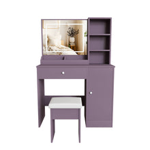 Load image into Gallery viewer, Vanity Desk Set With Padded Stool &amp; Adjustable LED Mirror, 3 Color Mode Lighting, Compact For Bedroom - Purple

