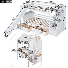 Load image into Gallery viewer, Twin over Twin Bunk Bed with Storage Staircase, Slide and Drawers, Desk with Drawers and Shelves, White
