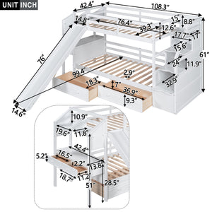 Twin over Twin Bunk Bed with Storage Staircase, Slide and Drawers, Desk with Drawers and Shelves, White