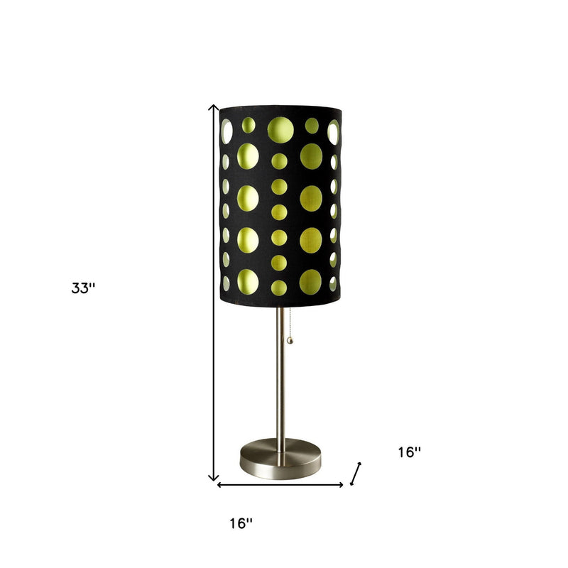 Metal Mod Table Lamp With Black And Green Drum Shade - Silver