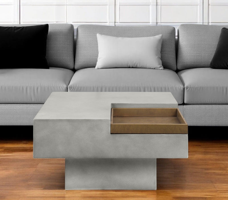 32" Cement Square Distressed Pedestal Coffee Table - Gray