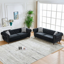 Load image into Gallery viewer, Chesterfield Upholstery Fabric Sofa With Roll Armrest &amp; Nailhead, Mid Century Modern 3 And 3 Seater Couch
