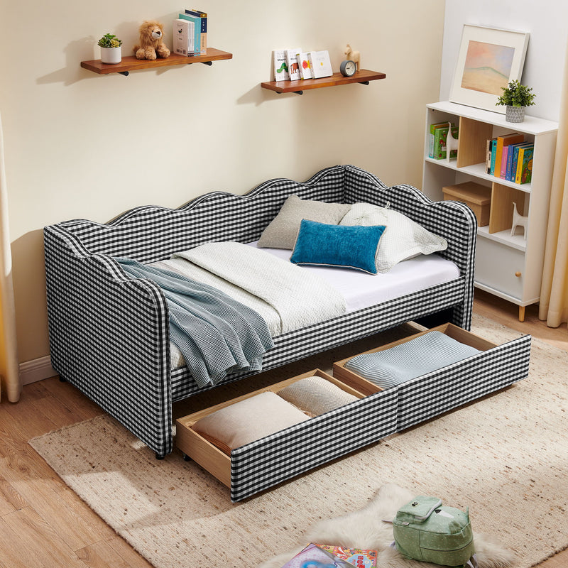 Gingham Daybed With USB Charging Port, Wave-Shaped Design