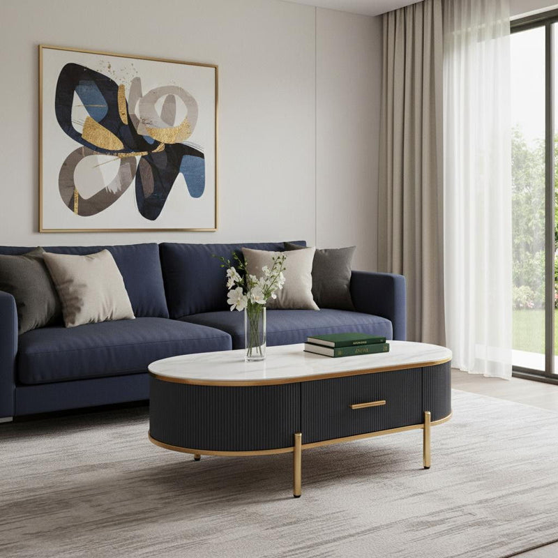 Stone And Stainless Steel Oval Coffee Table With Drawer - White And Gold
