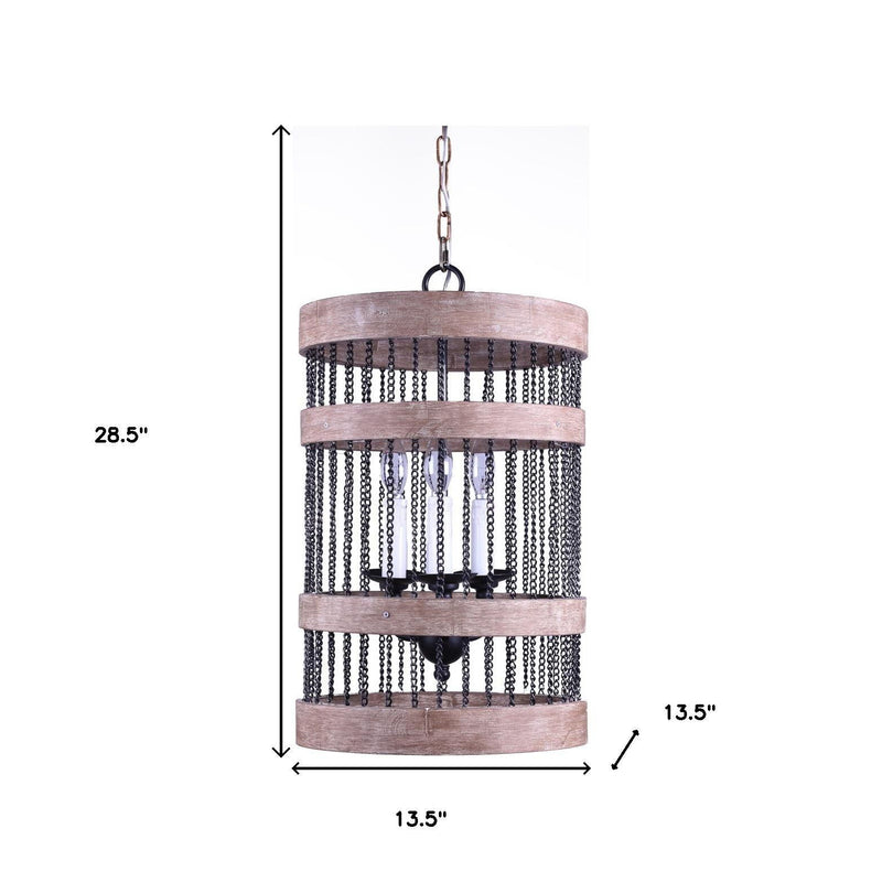 Wood And Metal Cylinder Three Light Dimmable Chandelier - Black / Natural