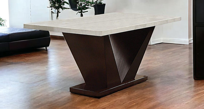 64" Marble And Solid Manufactured Wood Pedestal Base Dining Table - Brown / White