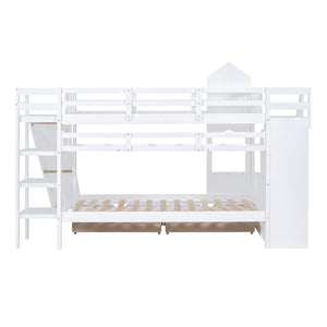 Twin-Over-Twin Castle Style Bunk Bed with 2 Drawers 3 Shelves and Slide - White