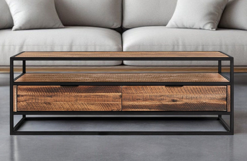 Solid Wood And Metal Coffee Table With Two Drawers And Shelf - Brown And Black
