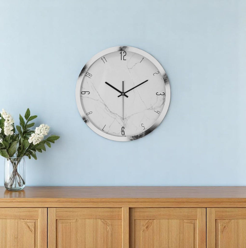 Heavy Duty Plastic Silent Analog Marble Round Wall Clock - White / White
