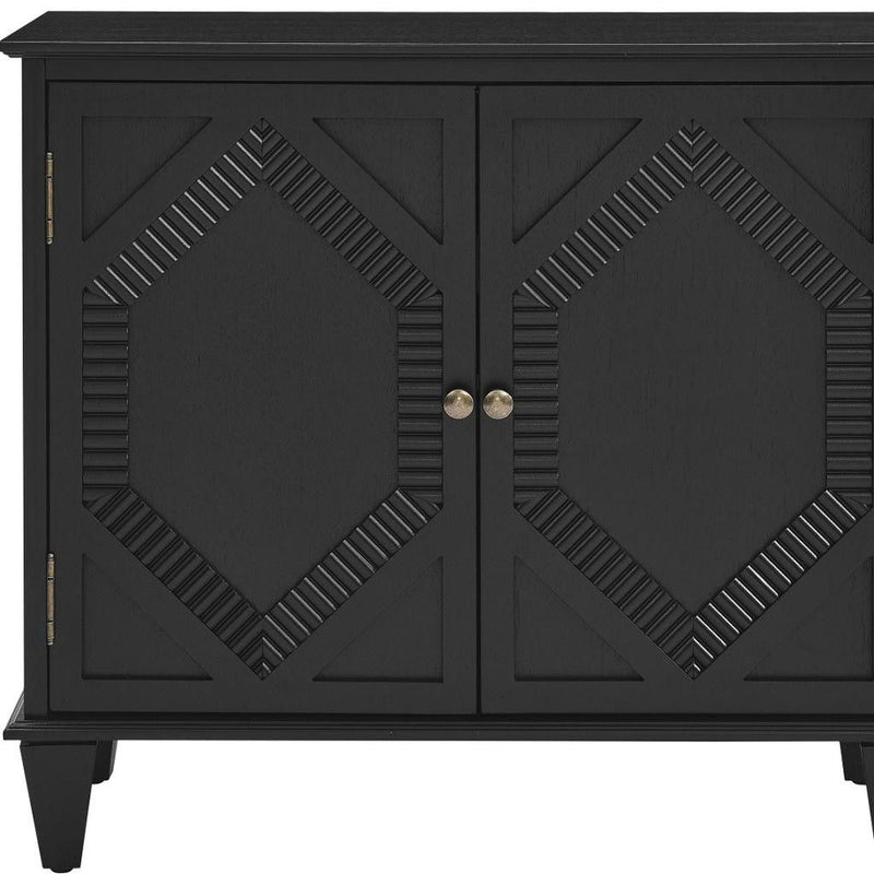Wood Carved Geometric Accent Cabinet With Two Doors - Black