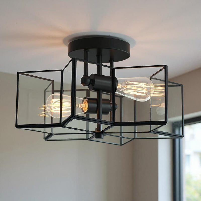 16'' Unique Statement Two Light Metal Dimmable Flush Chandelier With Shades - Black