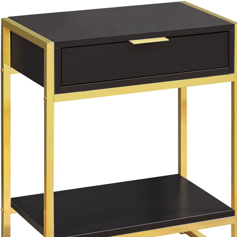 Wood And Metal End Table With Drawer And Shelf - Gold And Dark Brown