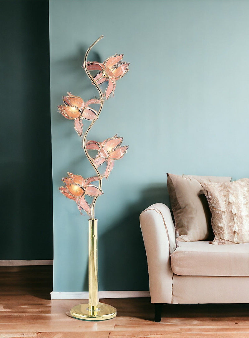 Four Light Floral Floor Lamp With Pink Glass Shades - Gold